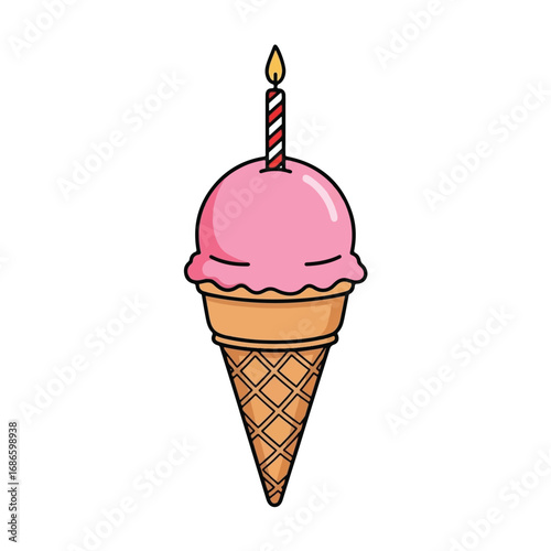 Ice cream cone with pink scoop and birthday candle.