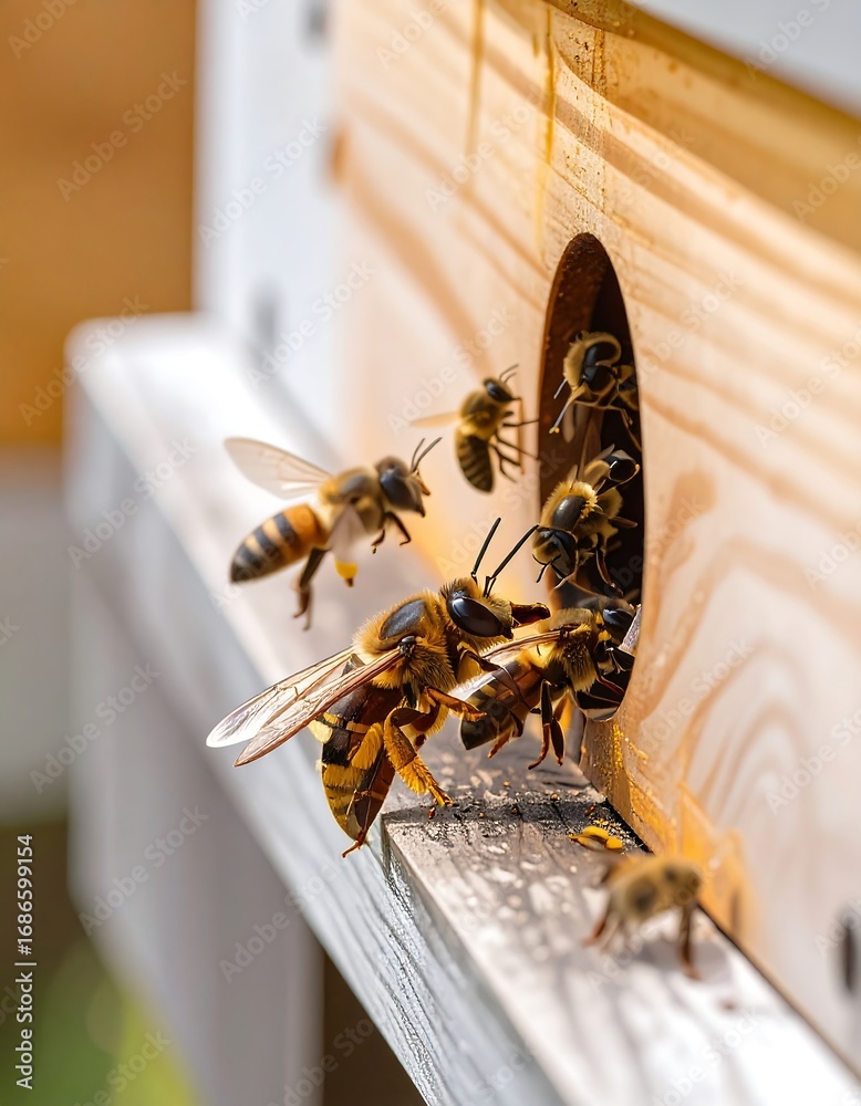 Naklejka premium Busy bees enter their wooden hive