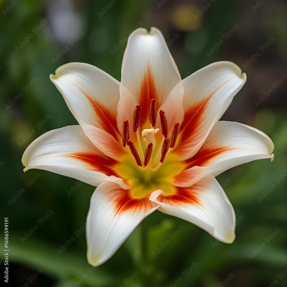 Fototapeta premium Candle Flame Lily with Fiery white Glowing Petals. A fiery orange and red flower with petals that look like flickering candle flames.