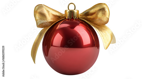 HD realistic red Christmas bauble with golden ribbon bow tie isolated on white