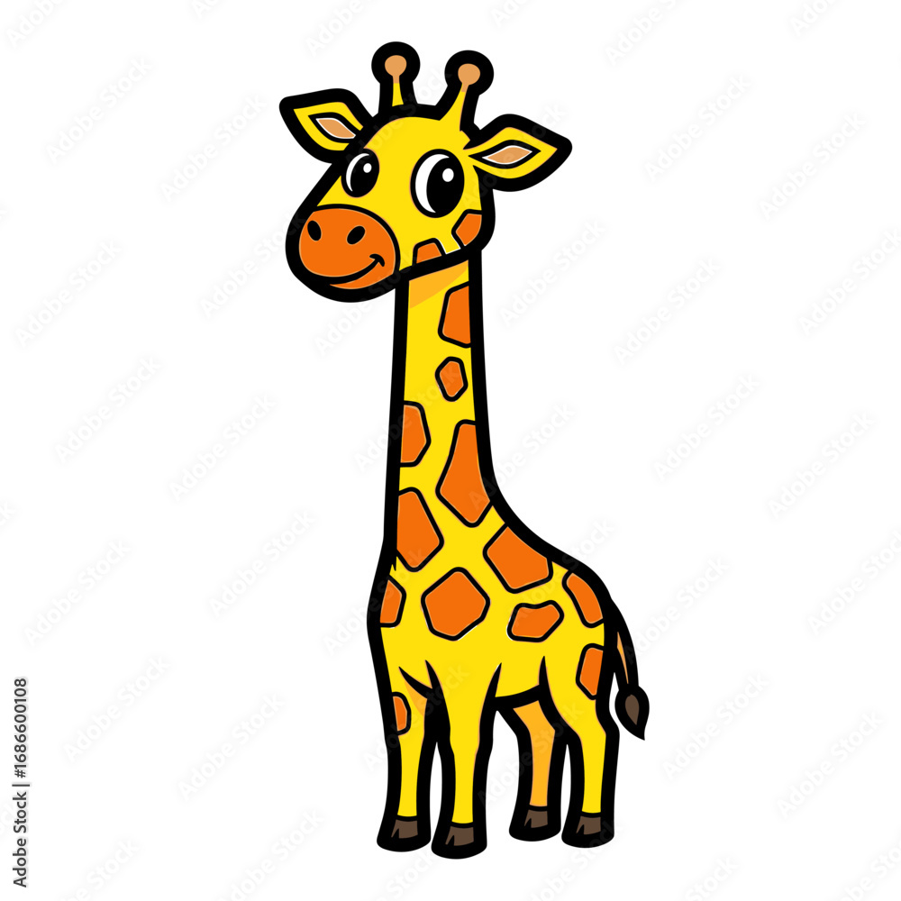 Obraz premium Cute cartoon giraffe, standing tall against a plain background.