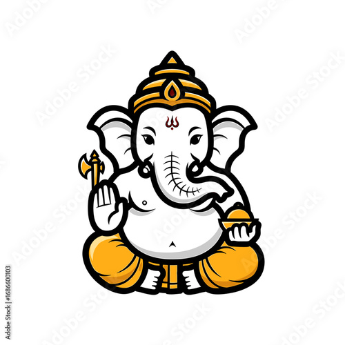 Cartoon depiction of Ganesha, the Hindu deity, seated in a meditative pose, holding an axe and a bowl.