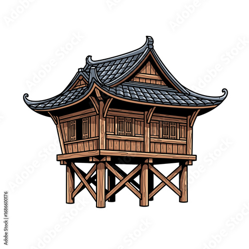 Illustrated wooden pagoda structure with a tiled roof, elevated on stilts with crossbeam supports, isolated on white.