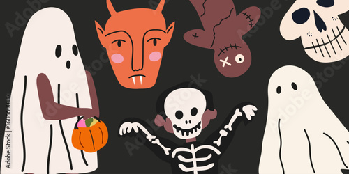 Happy Halloween. Spooky holiday cartoon poster with ghosts, skeleton, vampire, evil. Mystical scary background. Trick on treat creepy banner in retro 90s doodle style