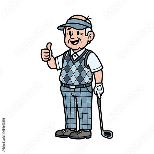 Cartoon illustration of an elderly golfer giving a thumbs-up gesture, holding a club.