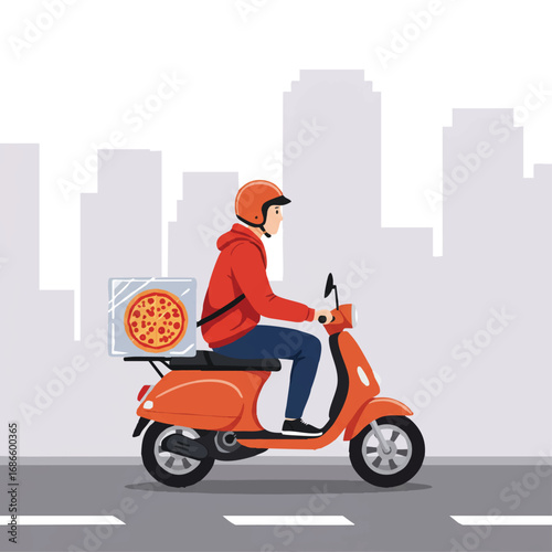 A vibrant 2D flat vector illustration depicts a pizza delivery person on a scooter, swiftly navigating a city street with a large insulated bag, embodying fast urban service.