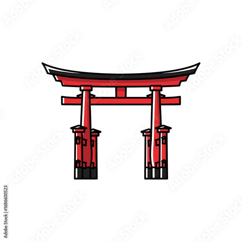 Traditional Japanese red torii gate, iconic symbol of Shinto shrines, simple line art illustration.