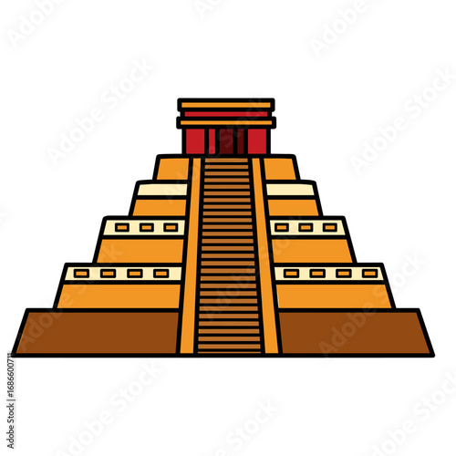 A colorful illustration depicts a detailed view of a Mayan pyramid with a central staircase.
