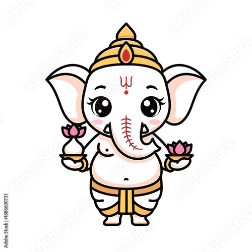 Cute cartoon depiction of Lord Ganesha holding lotus flowers, wearing a yellow dhoti and crown, on a white background.