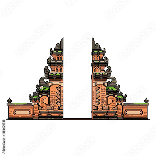 Digital illustration of a detailed Balinese temple gate, symmetrical design.