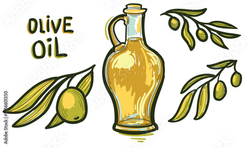 Hand-drawn olive oil bottle with olive branches, vector illustration