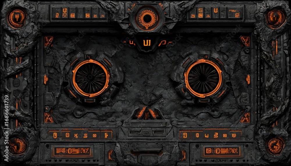 Fototapeta premium Cyber mystic dashboard with stone panels and neon orange UI characters