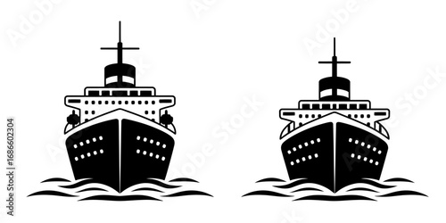 Two black and white illustrations depict classic cruise ships navigating through wavy waters, showcasing maritime transport icons.
