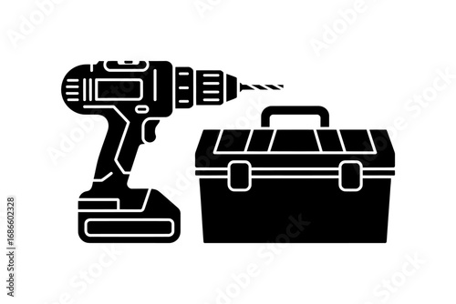 Silhouette Illustration Electric Drill and Tool Box - Black and White