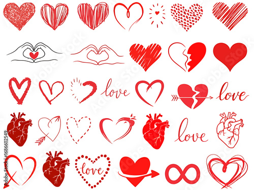 Collection of Hand-Drawn Hearts Love Symbols and Illustrations for Valentine's Day, Romantic Designs, and More