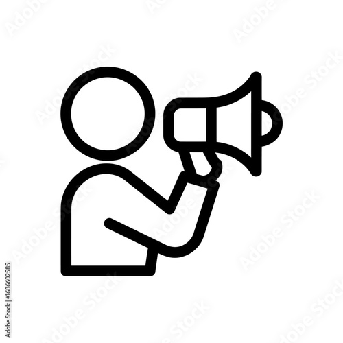 Minimalist Black and White Outline Icon Person with Megaphone. Ideal Graphic for Public Announcements, Marketing Campaigns, Voice Amplification, and Effective Communication Concepts.