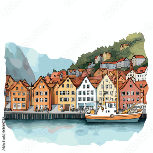 Bryggen Wharf. Bryggen Wharf watercolor vector illustration