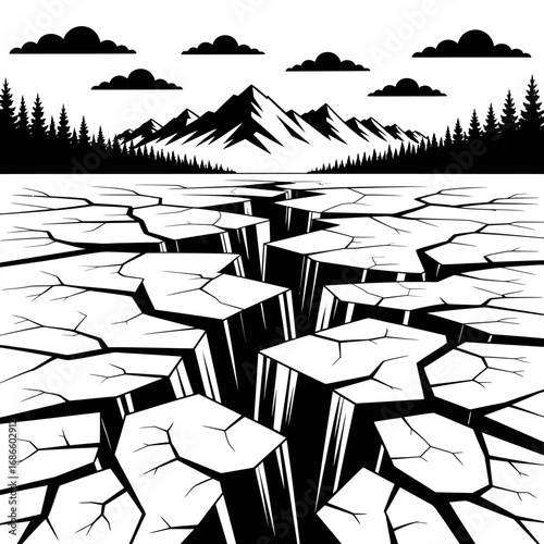 Black and White Illustration of Cracked Earth and Mountain Landscape