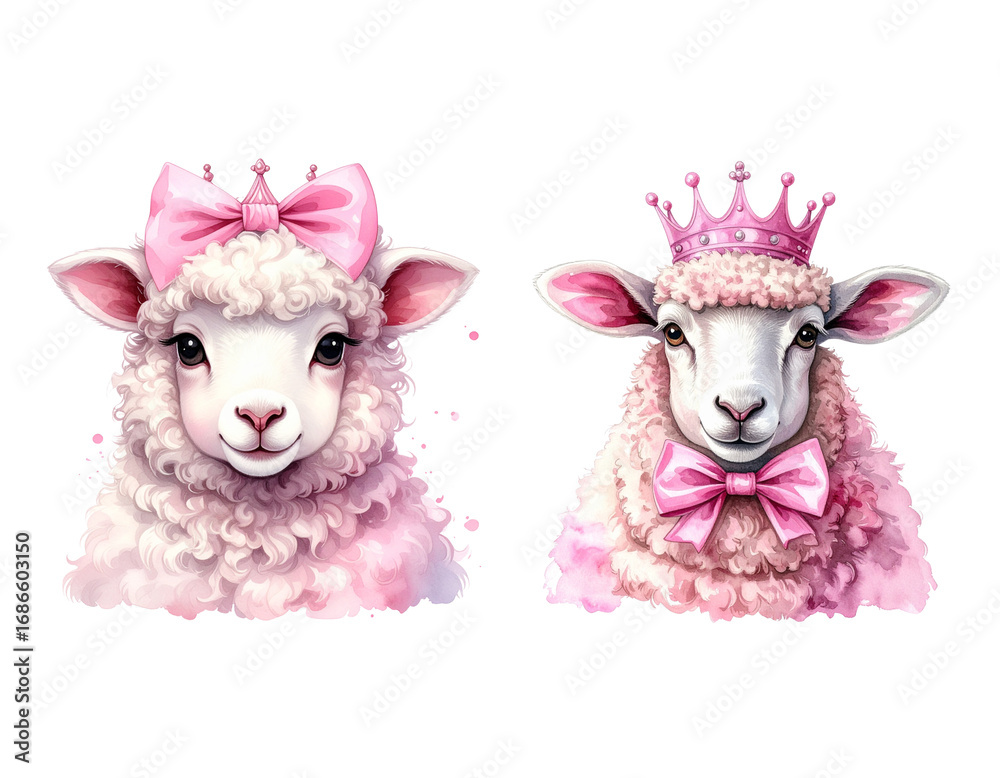 Fototapeta premium Pink watercolor sheep cartoon illustration on white background