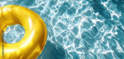 The vibrant golden float ring on sparkling blue water surface.