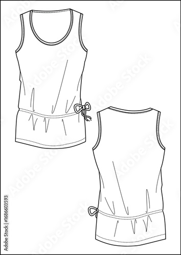 Canotta smanicata donna coulisse disegno piatto sketch fashion illustration fronte e retro mock up vetttoriale	