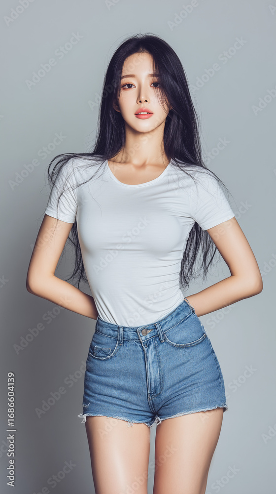 Obraz premium Young woman poses confidently in a stylish outfit, showcasing her fashion sense and beauty in a minimalistic studio setting