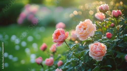 Fototapeta Naklejka Na Ścianę i Meble -  Close-up of dew-covered peonies and roses in a cottage-style garden, with a blurred background of fresh green grass and distant flowering shrubs
