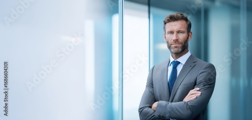 The businessman in a modern office standing confidently with arms crossed