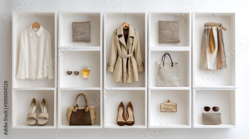 Hyper-realistic animation of a 3x4 grid of womens fashion products blouse handbag shoes and accessories