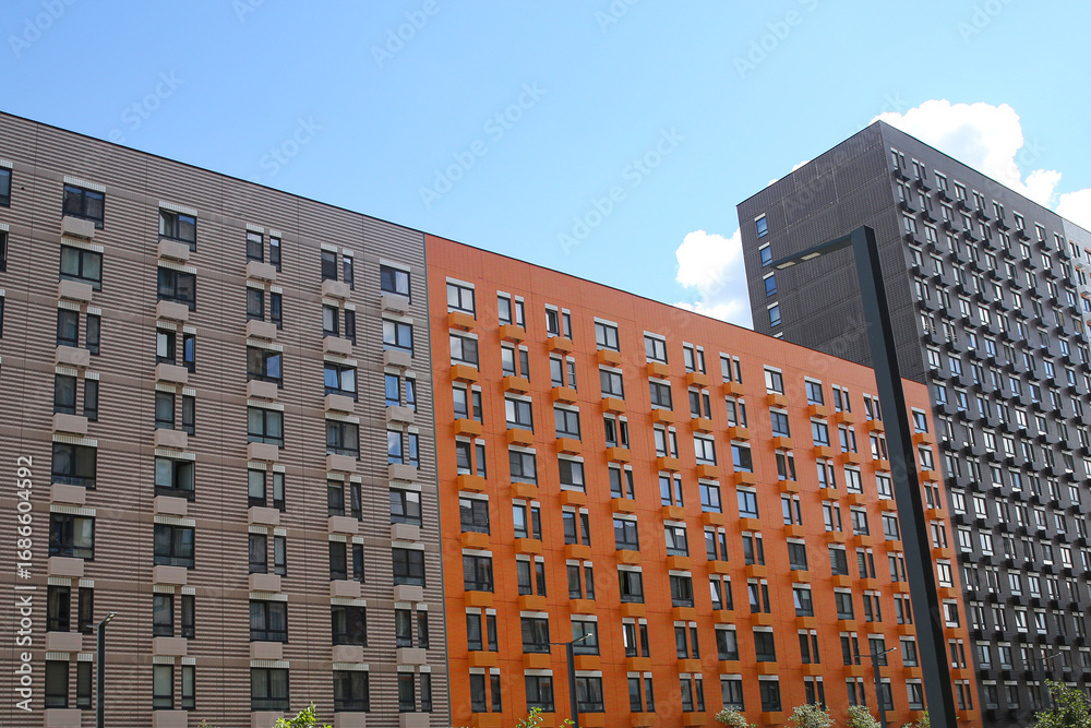 Fototapeta premium Facades of houses in the new microdistrict called Buninskie Lugy (