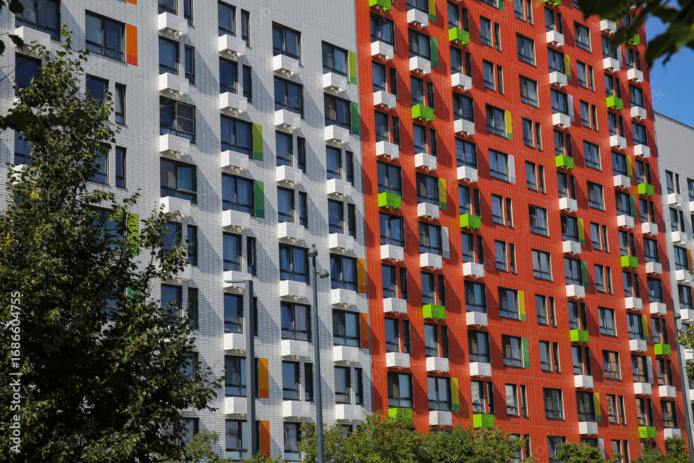 Fototapeta premium Facades of houses in the new microdistrict called Buninskie Lugy (