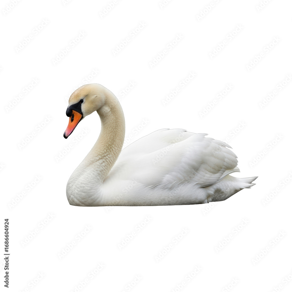 Fototapeta premium Elegant white swan with orange beak resting on a white background, its neck gracefully curved.