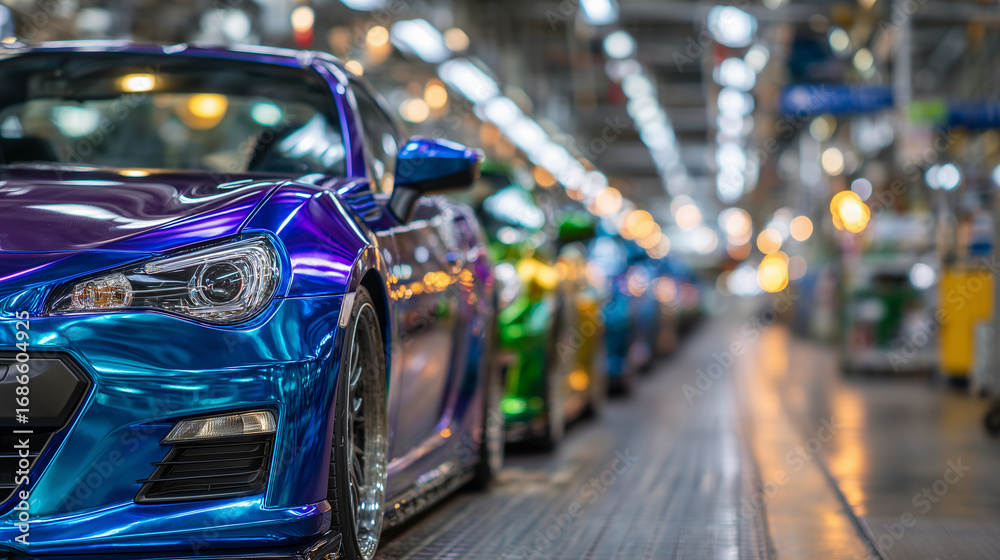 Obraz premium Perspective shot of multiple colorful cars lined up in production hall, metallic paints gleaming under bright industrial lights