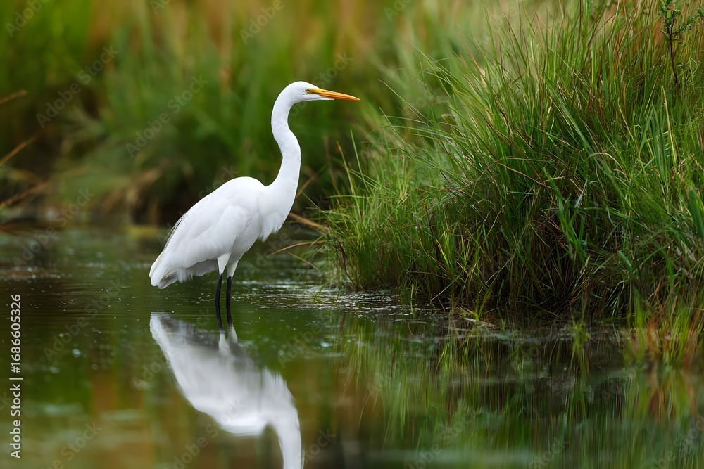 Naklejka premium A white egret stands in shallow water near tall grass.