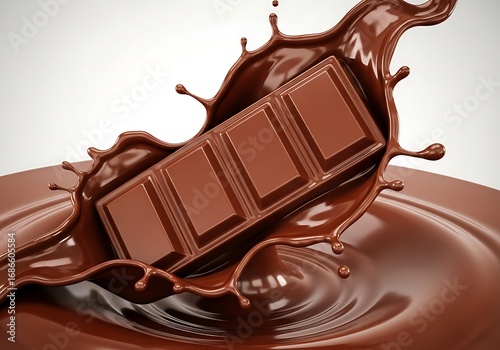 Luscious milk chocolate bar dynamically splashing into a rich pool of melted chocolate dessert creating visually