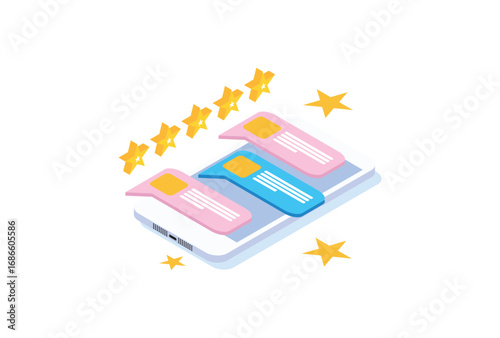 Modern Isometric smartphone rating star bubble speeches,ecommerce application vector. Suitable for Diagrams, Infographics, Game Asset, And Other Graphic Related Assets
