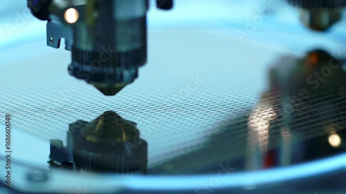 Close-up of semiconductor wafer inspection machine, technology, manufacturing, and quality control in cleanroom environment.