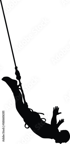 Silhouette of a person bungee jumping, falling through the air, isolated on transparent background