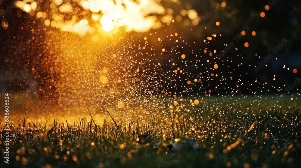 Fototapeta premium Sunset scene with a pulsating sprinkler casting long shadows, water droplets suspended mid-air, lush grass blades bending under the spray