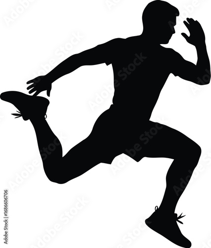 Black silhouette of a male runner in midstride, isolated on transparent background