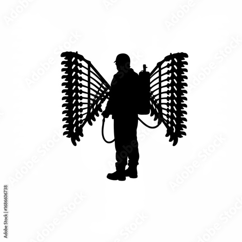 Silhouette of agricultural worker testing pesticide sprayer equipment