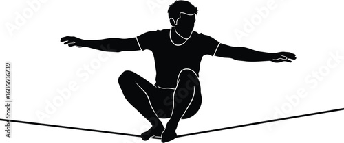 Black silhouette of a person balancing on a tightrope, isolated on transparent background
