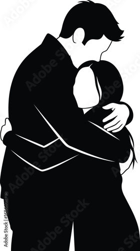 Silhouette of a couple embracing tightly on a transparent background