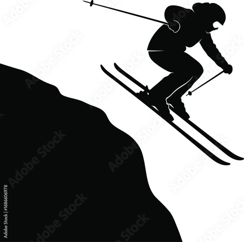 Silhouette of a skier skiing downhill on a steep slope, representing winter sports, adventure, and extreme activity, isolated on transparent background