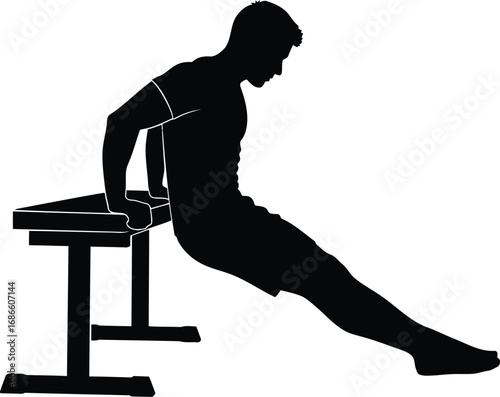 Silhouette of a man doing dips on parallel bars, isolated on transparent background
