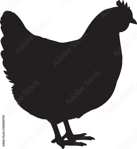 A simple, bold silhouette of a chicken or hen standing upright, perfect for farm, food, or rural life themed designs and illustrations