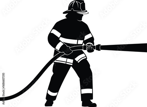 Silhouette of a firefighter holding a hose, isolated on transparent background