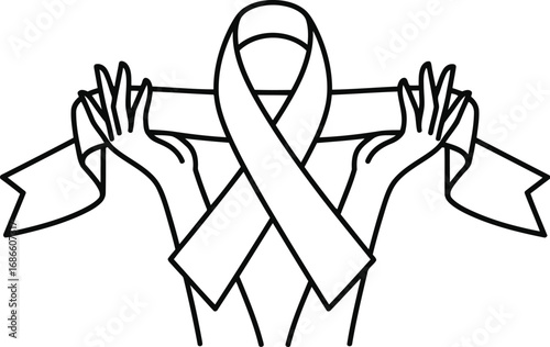 Line art of hands holding a ribbon, isolated on transparent background