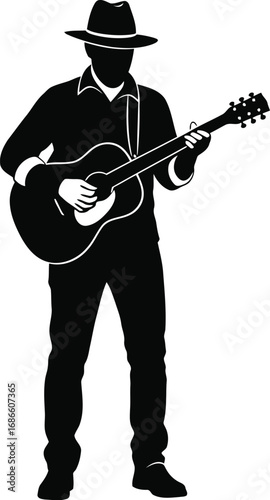 Silhouette of a man wearing a hat and playing an acoustic guitar, isolated on transparent background