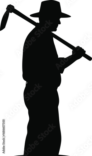 Silhouette of a farmer wearing a hat, carrying a hoe on his shoulder, isolated on transparent background